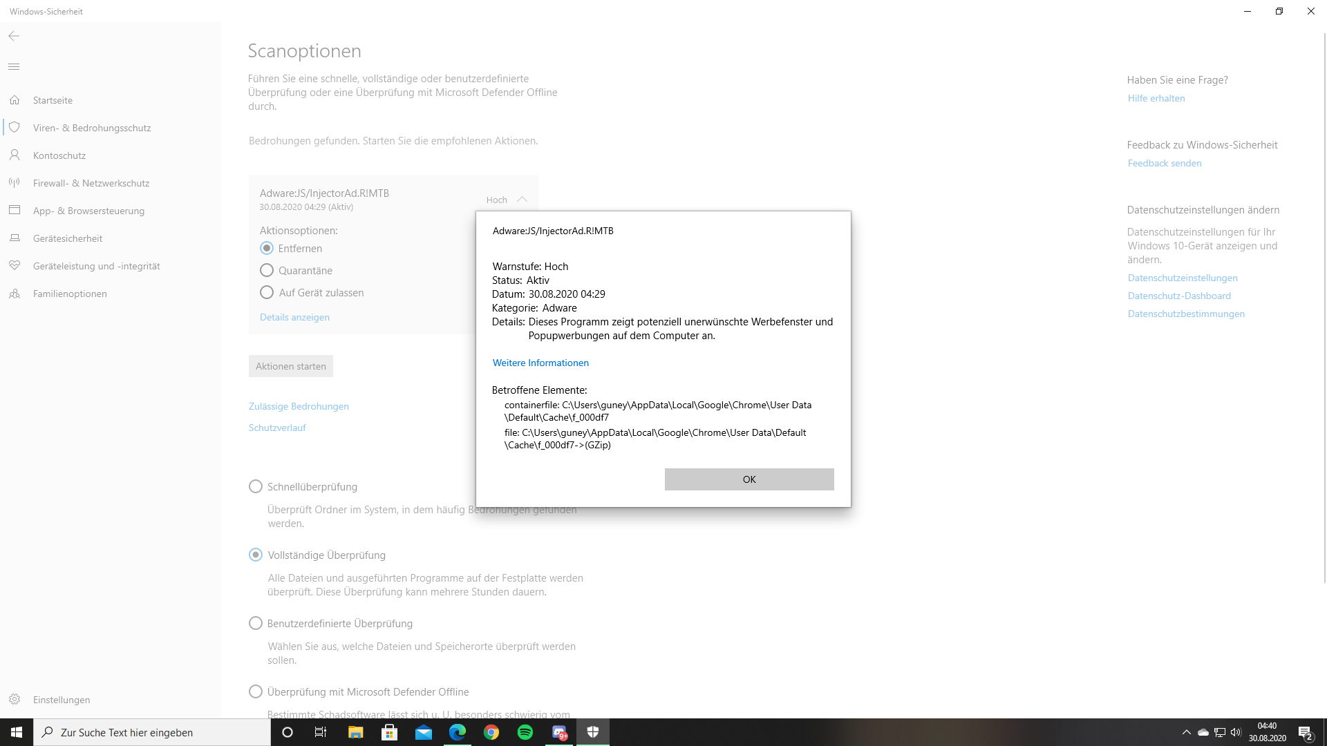 BEDROHUNG GEFUNDEN bei Windows Defender