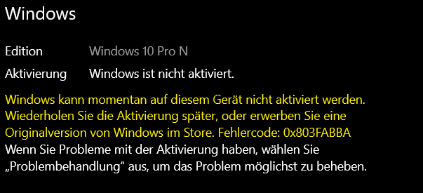 Nach Hardware wechsel hat Windows einen Aktivierungsfehlercode 0x803FABBA