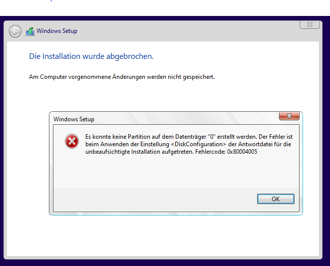 Antwortdatei Installationsfehler 0x8004005
