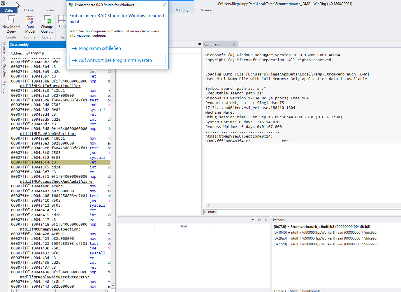 Absturz von IDE Delphi XE Debugger nach Installation von Windows 10 Update 1803