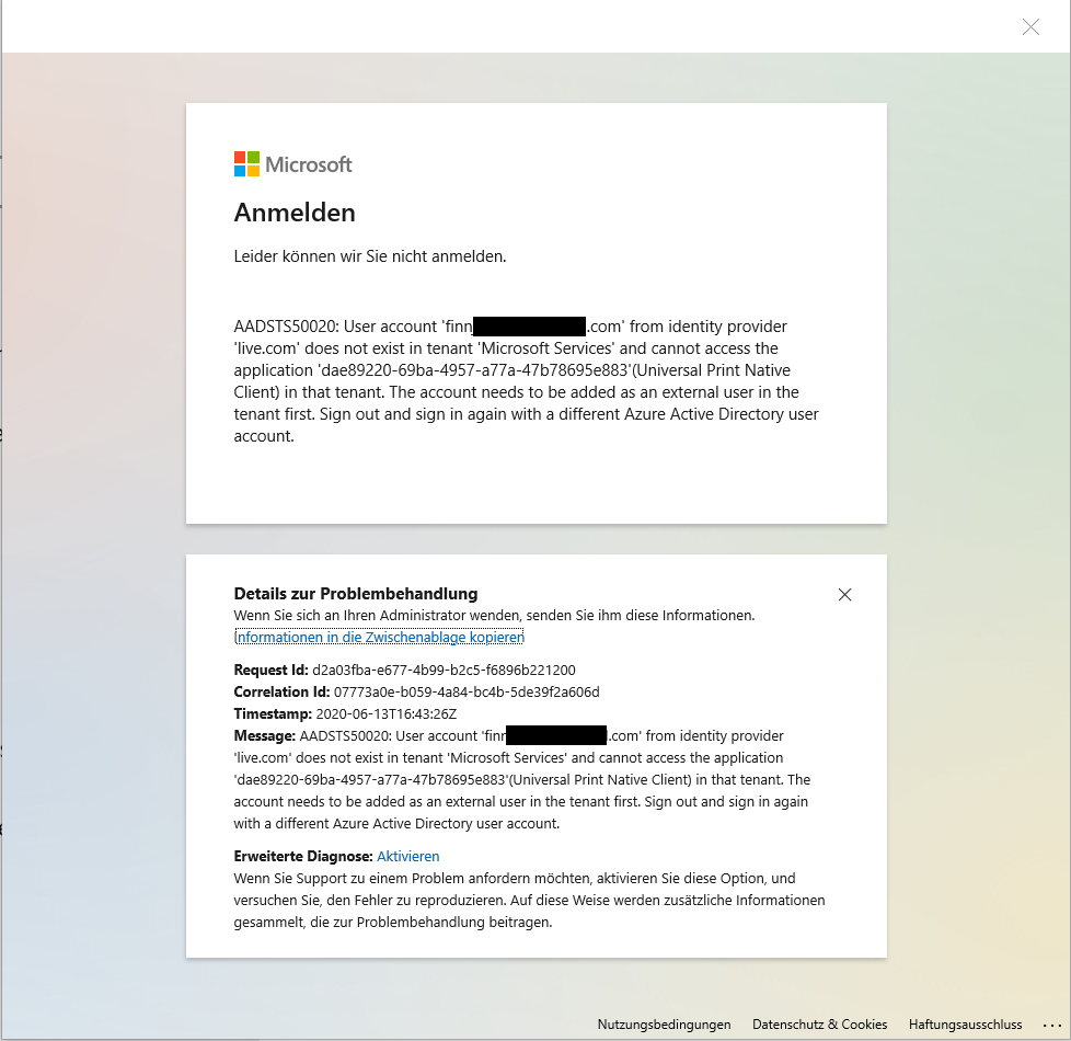 Kann nicht im Netzwerk nach Druckern suchen: Microsoft Login Pop-Up erscheint.