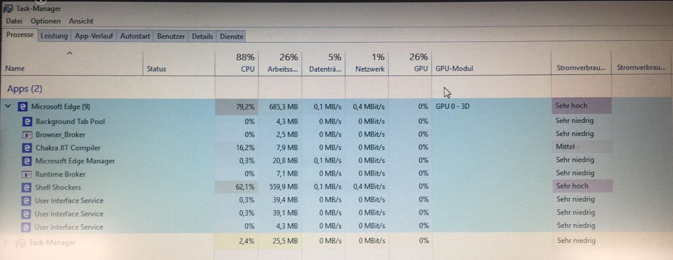 Windows 10 Home 64 Bit  Version 1809  Edge sehr hohe CPU Auslastung