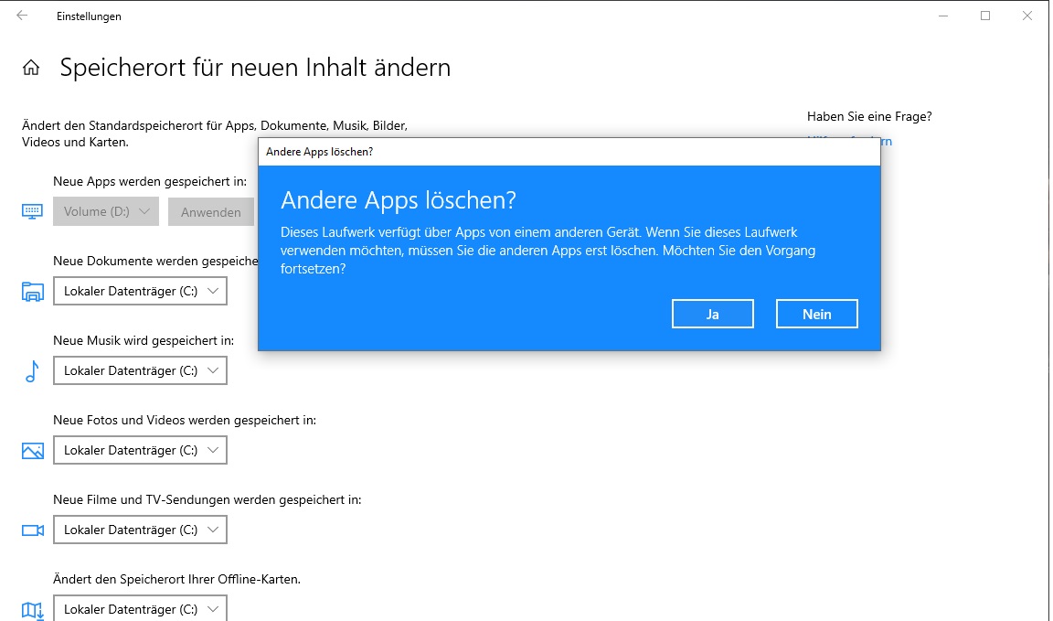 Standard App Speicherort ändern
