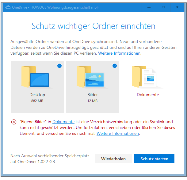Fehler bei Einrichtung des Schutzes wichtiger Ordner