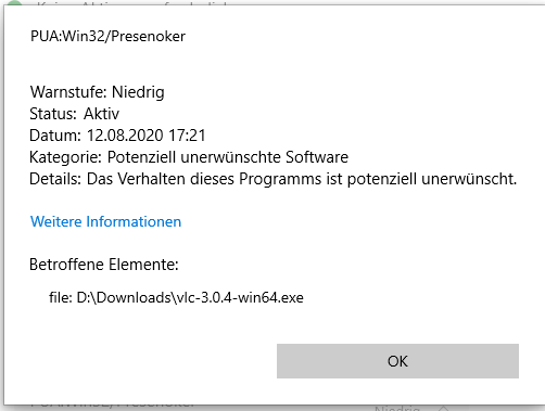 PUA:Win32/Presenoker erkannter Trojaner der sich nicht entfernen lässt.