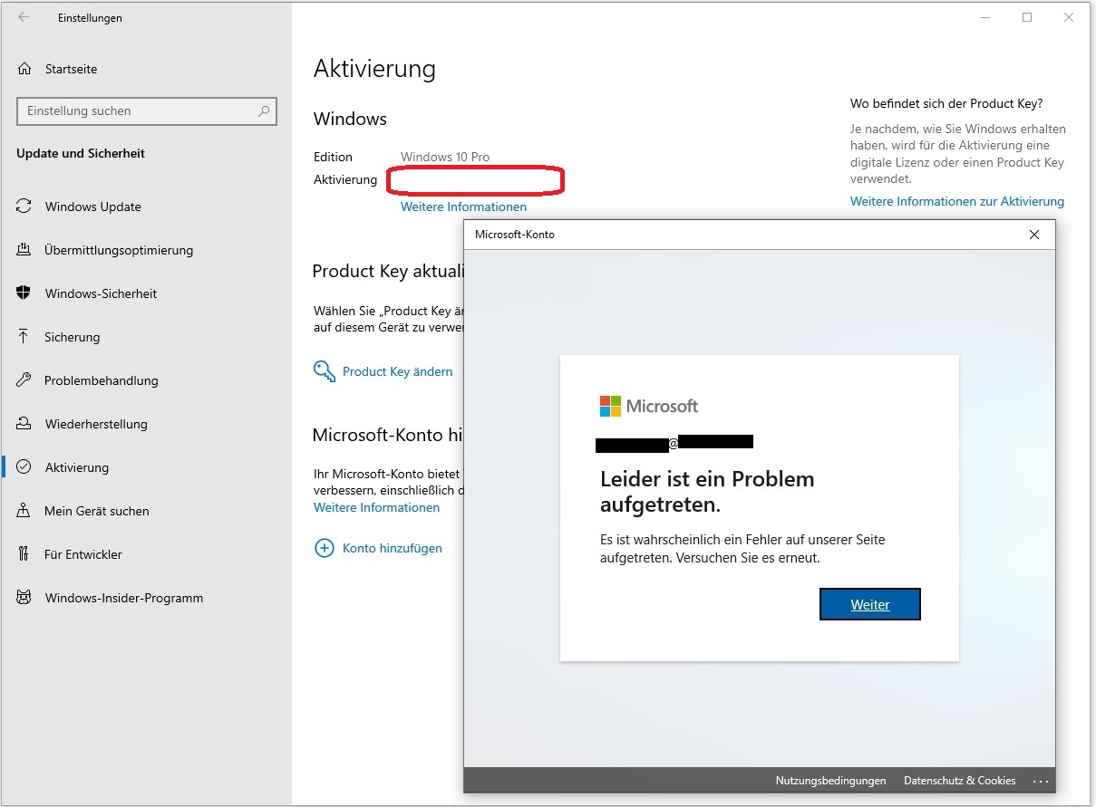 Aktivierung von Windows 10 Pro Retail nach notwendiger Neuinstallation unklar/leer/defekt