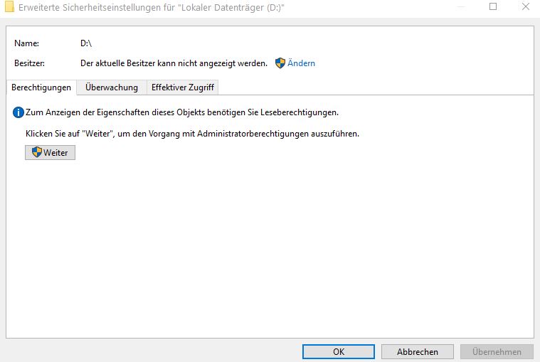 Kein Zugriffsrecht auf Festplatte D: