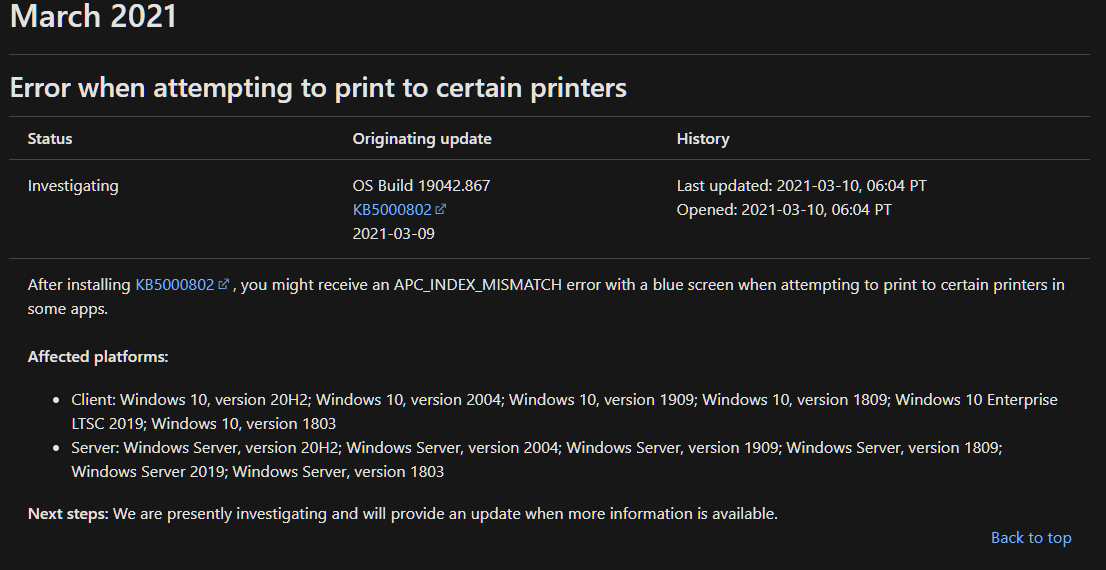 Microsoft bestätig Probleme beim Drucken nach der Installation vom März-Update KB5000802