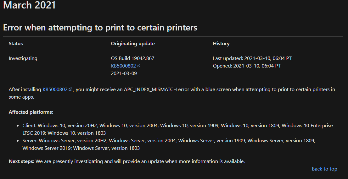 Microsoft bestätigt Probleme beim Drucken nach der Installation vom März-Update KB5000802