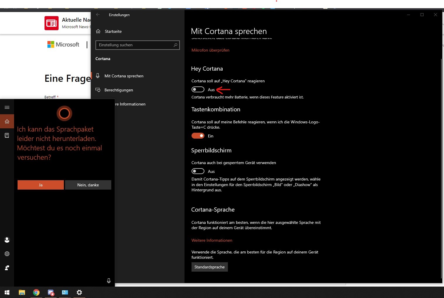 Cortana "Ich kann das Sprachpaket leider nicht herunterladen" und "Die...