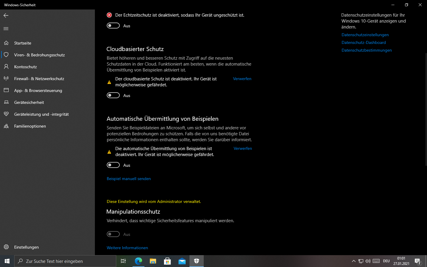 Windows Defender Manipulationsschutz: Diese Einstellung wird vom Administrator verwaltet