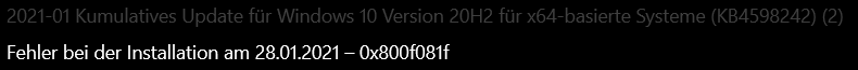 Windows-Update bricht immer mit Fehlercode 0x800f081f ab.