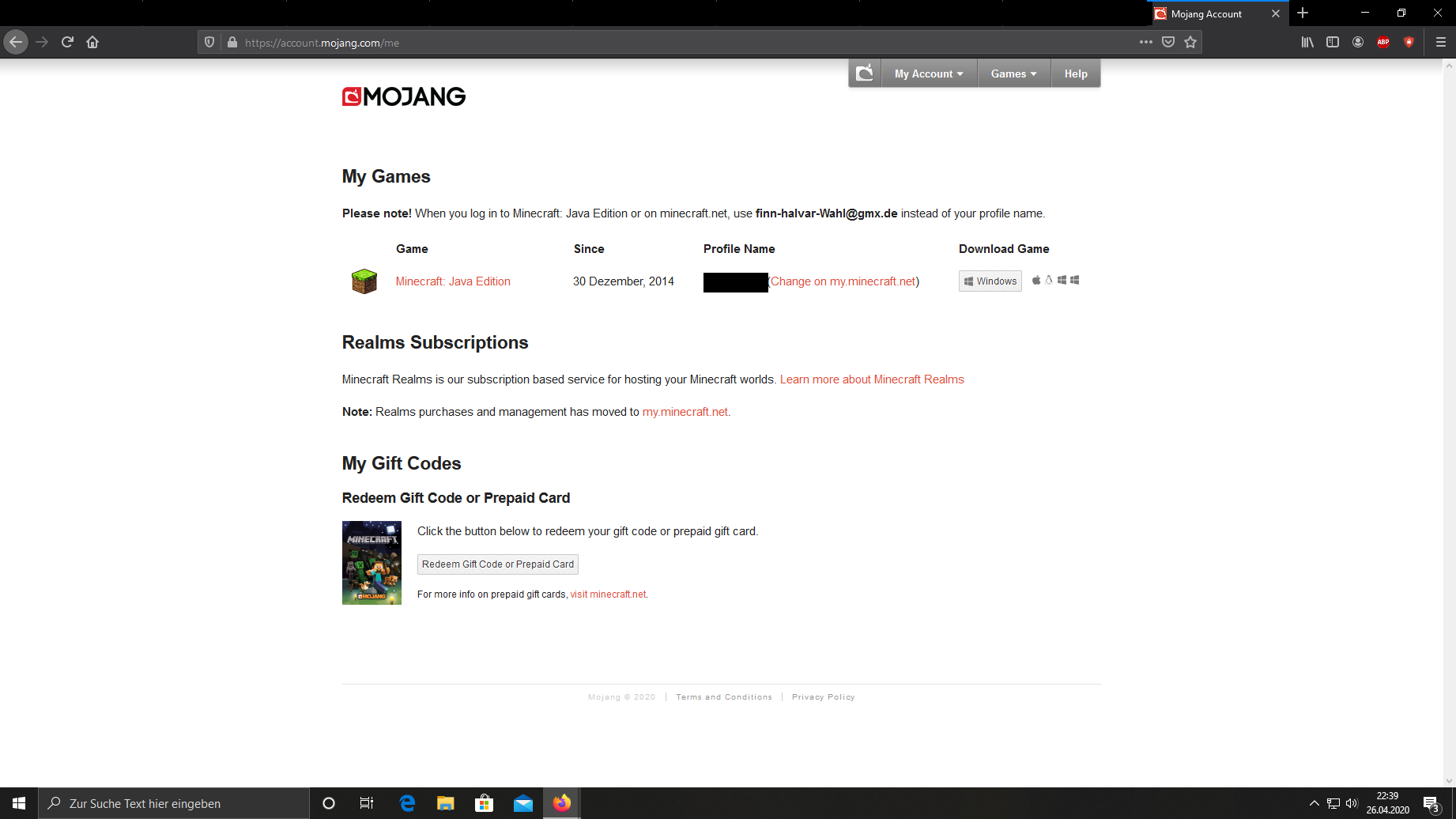 Ich kann meinen Minecraft Windows 10 Code auf Mojang nicht finden