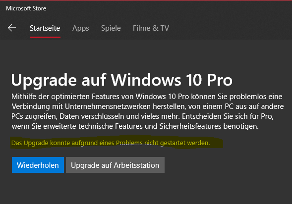 Windows 10 pro Installation will nicht starten weil ein Problem auftritt