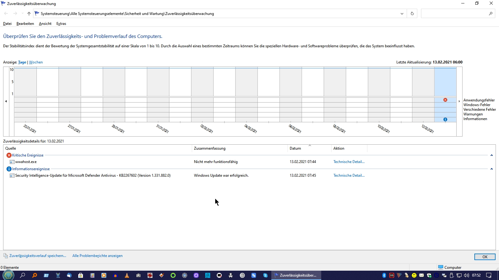 WWAhost.exe in Zuverlässigkeitsverlauf Windows 10