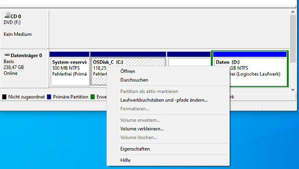 Partition (D:) zu Partiton (C:) hinzu fügen.