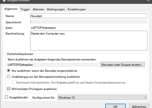 Was ist die Benutzerkontoinformation im Windows-Aufgabenplaner?