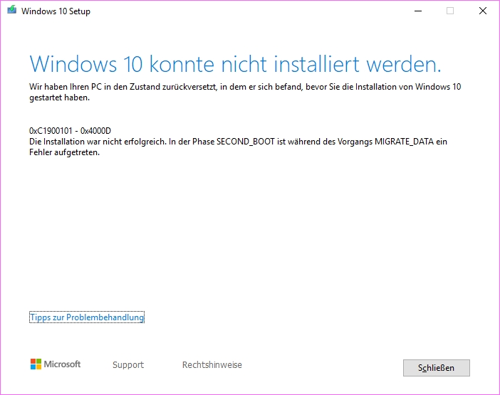 Funktionsupdate Windows 10 von Version 1803 auf Version 1903 schlägt fehl, Error: 0xC1900101-0x4000D