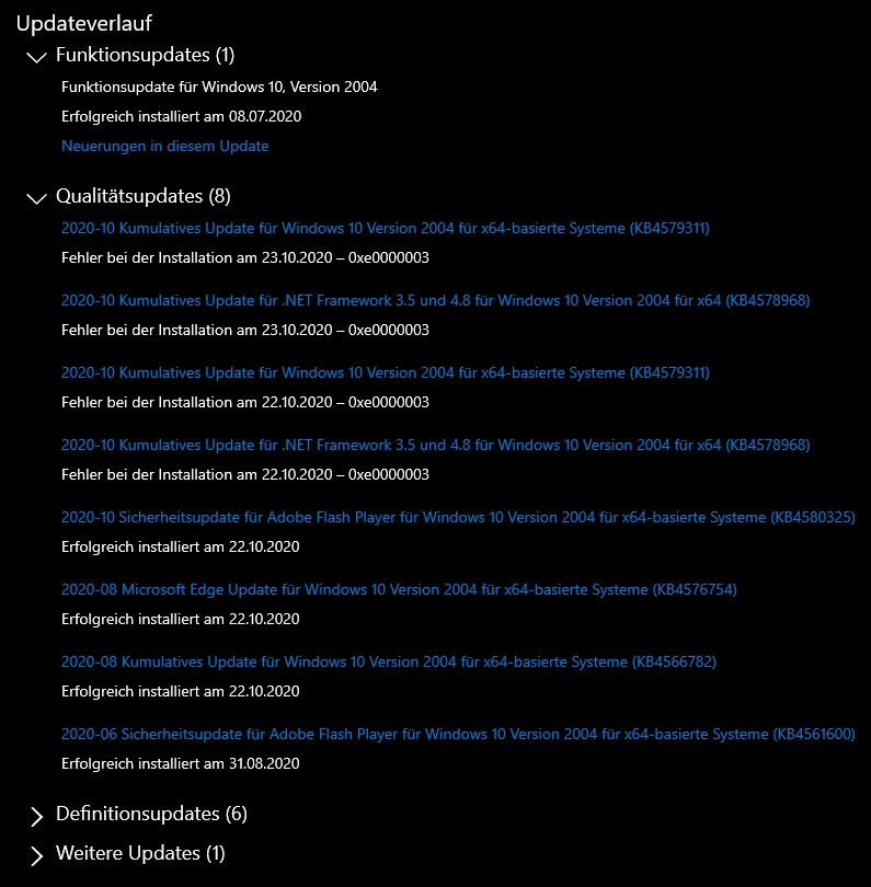 Update KB4517389 lässt sich nicht installieren: 0xe0000003