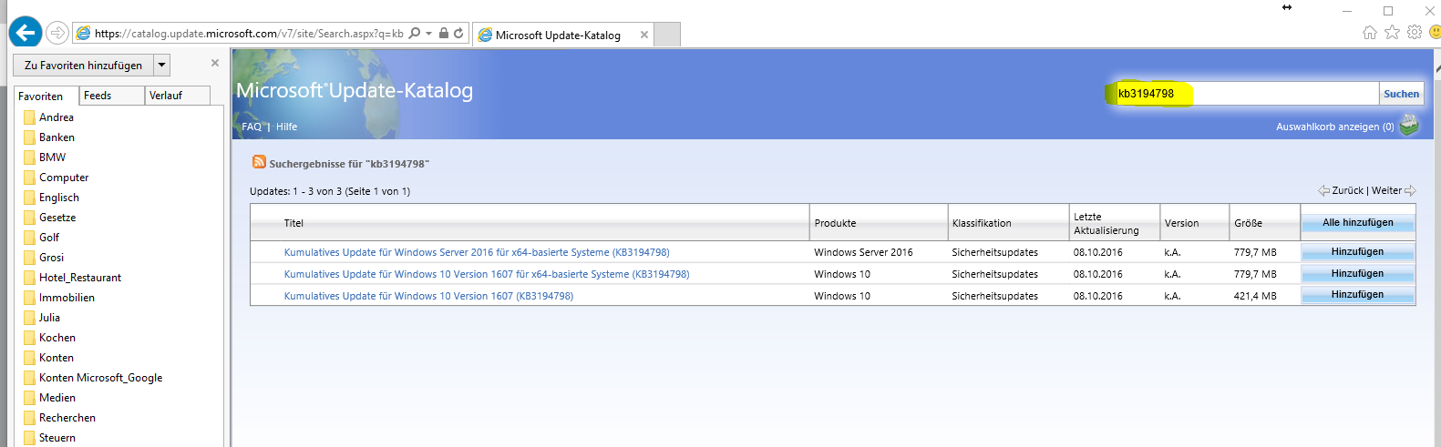 (KB3194798) update von Version 1607 mit Betriebssystembuild  14393.187 Windows Home