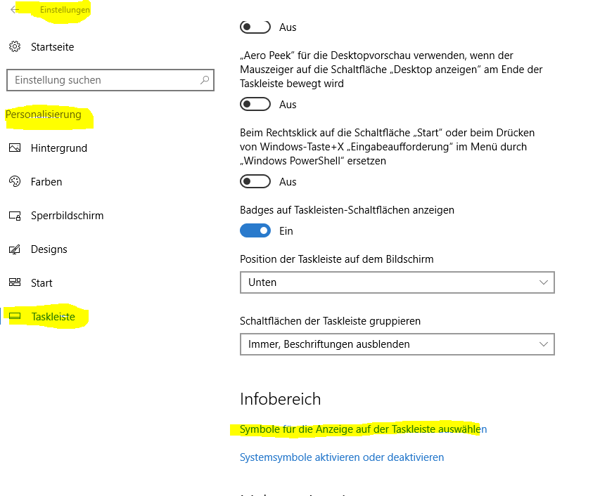 Benachrichtigungssysmbol in der Taskleiste verschieben?