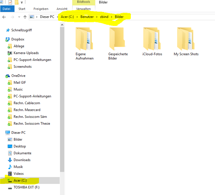 Pfad der Fotos bei Win 10 finden