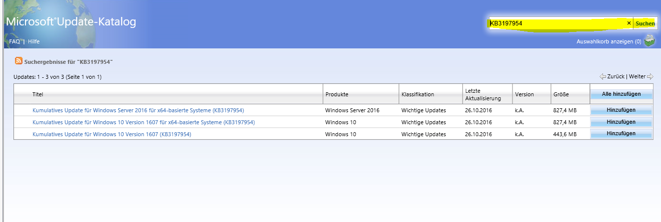 Update vom 30.10.2016 KB (3197954) Installation fehlerhaft steht im Verlauf