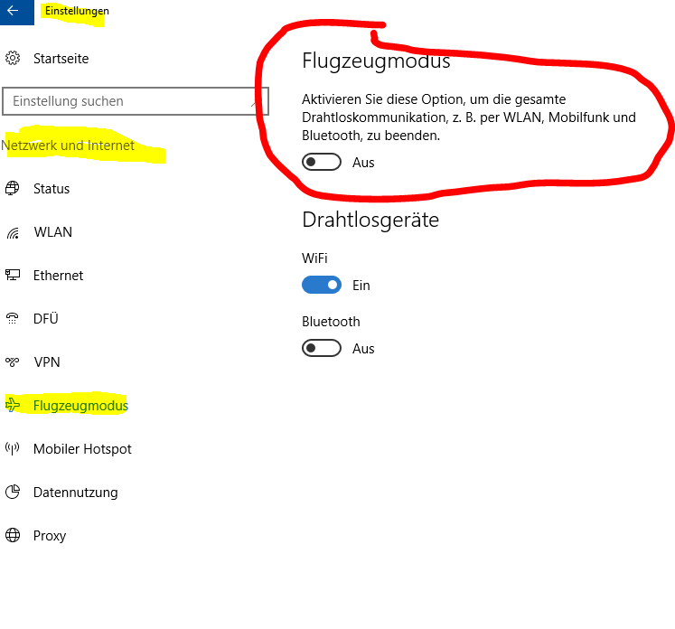 Flugmodus geht nach windows 10 update nicht mehr aus