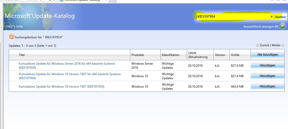 Update KB3197954 Windows 10 V 1607