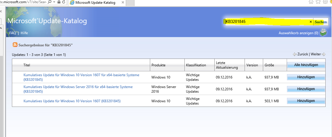 Kumulatives Update für Windows 10 Version 1607 für x64-basierte Systeme (KB3201845)