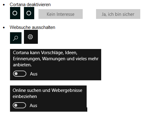 Cortana bzw. Desktop Suche einstellen