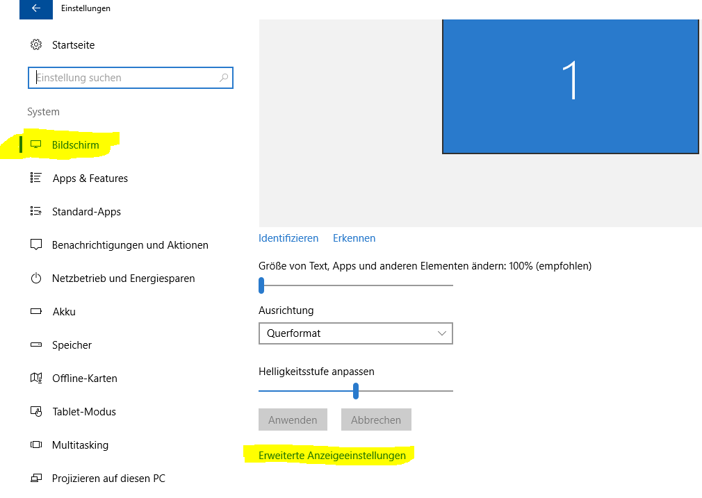 Wo ist die Einstellung der Bildwiederholfrequenz (z.B. 144Hz) in Windows 10, 1607
