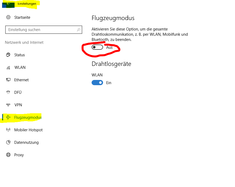 Keine Internetverbindung - Flugzeugmodus