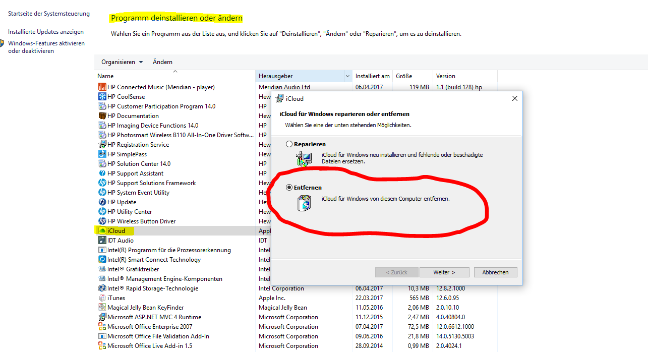 icloud lässt sich unter Win10 nicht deinstallieren