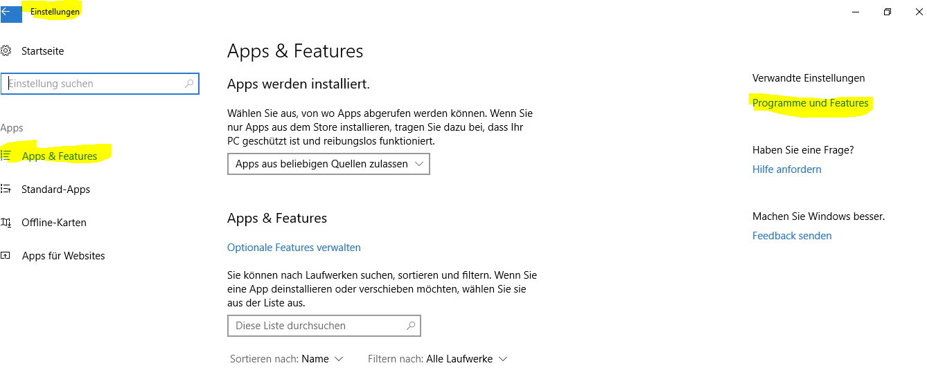 Programme und Features in Windows 10 / Version 1703