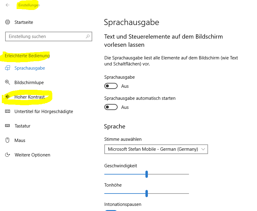 Erleichterte Bedienung - hoher Kontras aktiviert, wie deaktiviert man ihn?