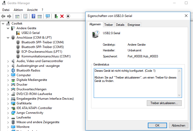 Treiberinstallation für USB-Serial CH340G schlägt fehl