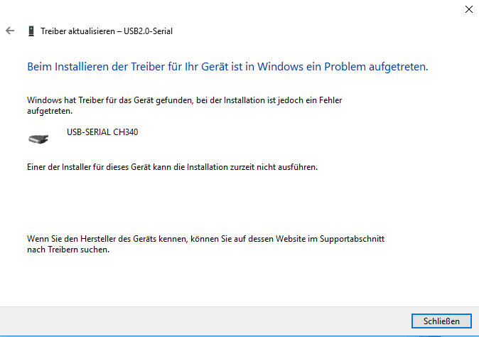 Treiberinstallation für USB-Serial CH340G schlägt fehl