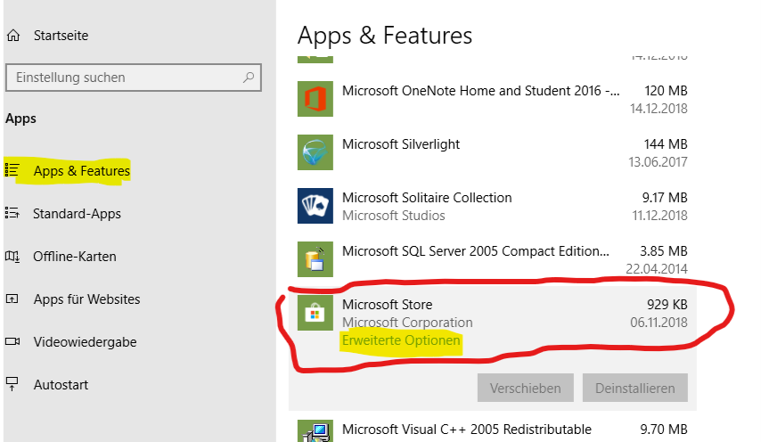 Microsoft Store stürzt ab.