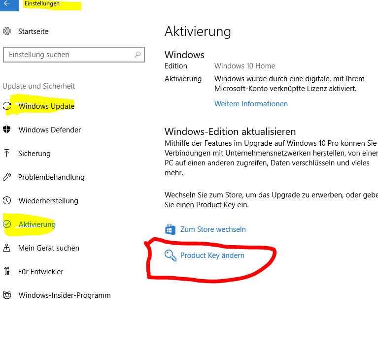 Windows 10 Upgrade von Home auf Pro