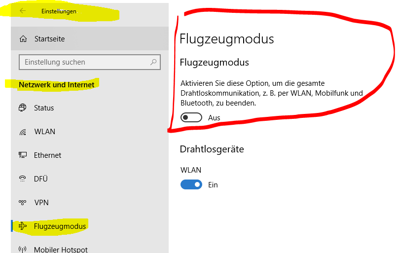 Flugzeugmodus bei Desktop - PC