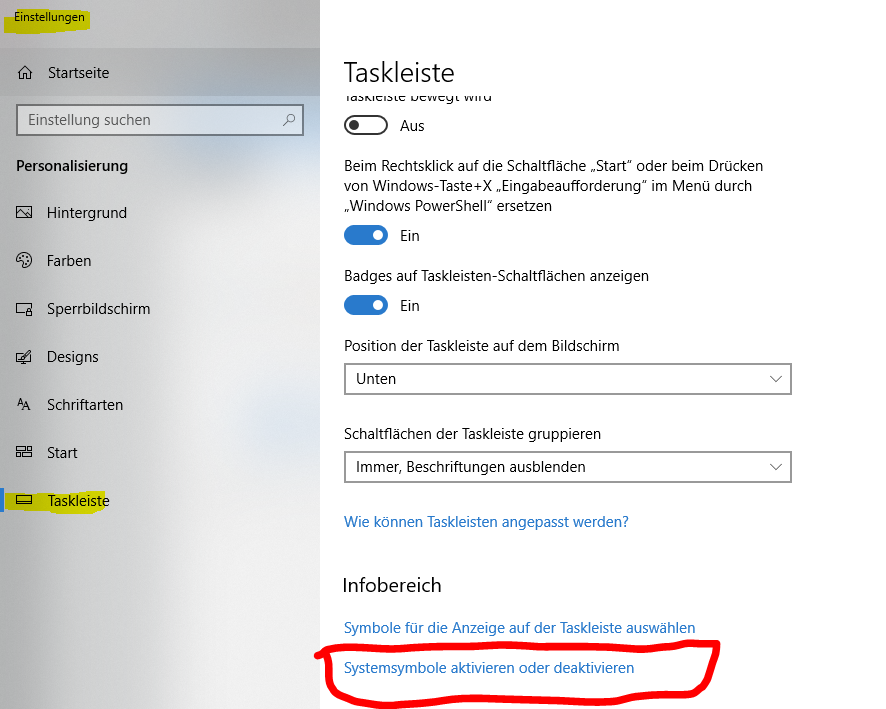 Akkuanzeige im Infobereich ist verschwunden.