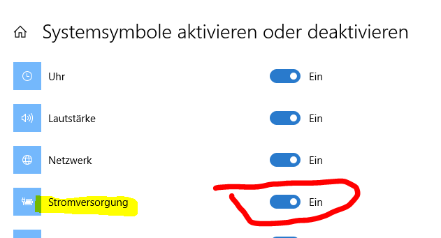 Akkuanzeige im Infobereich ist verschwunden.