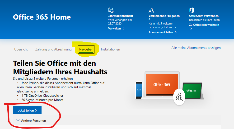 Microsft Office an anderen account geben. wie?