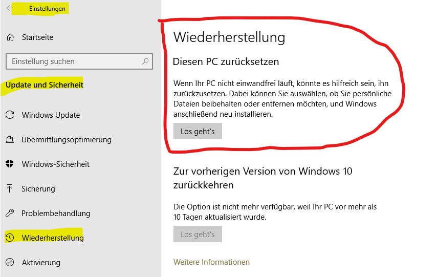Warum habe ich in den Einstellungen kein "Diesen PC zurücksetzen"?