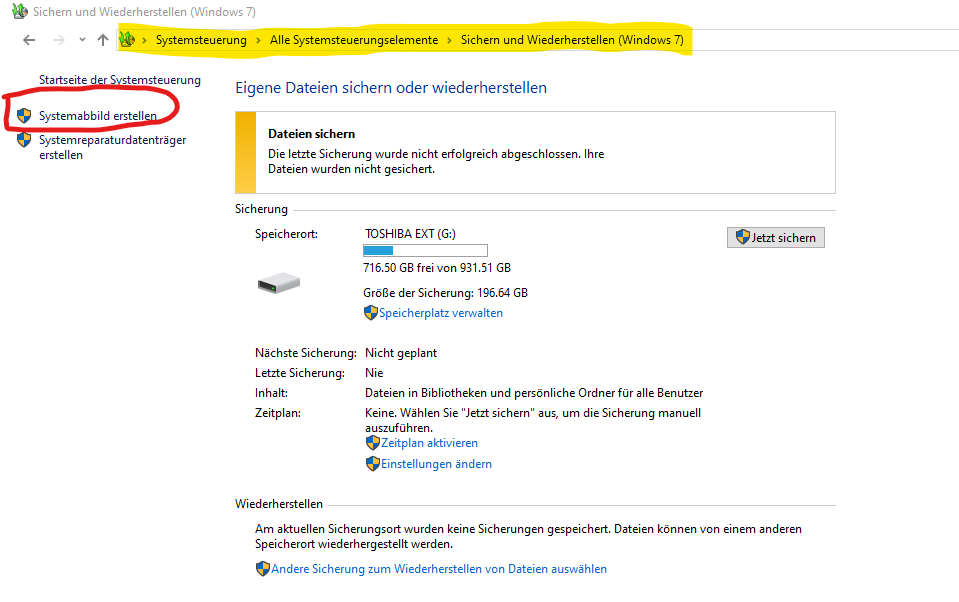 ab wann wird eine Systemsicherung von Windows wieder funktional zur verfügung stehen (noch...