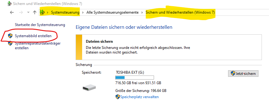 Sicherung erstellen