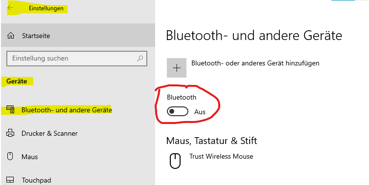 Bluetooth an schalter is auf einmal weg