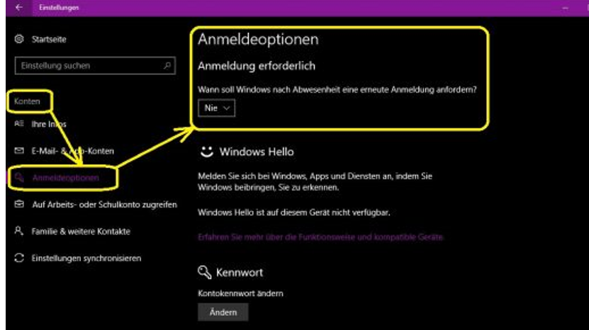 Wie kann man - in Windows 10 - die Passworteingabe deaktivieren?