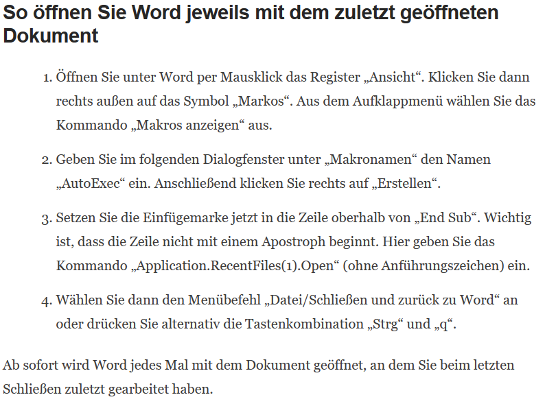 Windows 10; Microsoft Word mit zuletzt verwendetem Dokument öffnen?